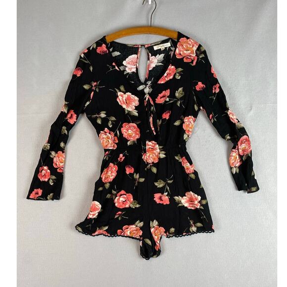 Rewind Juniors Small Romper Black Floral Long Sleeve Rayon - Picture 6 of 8